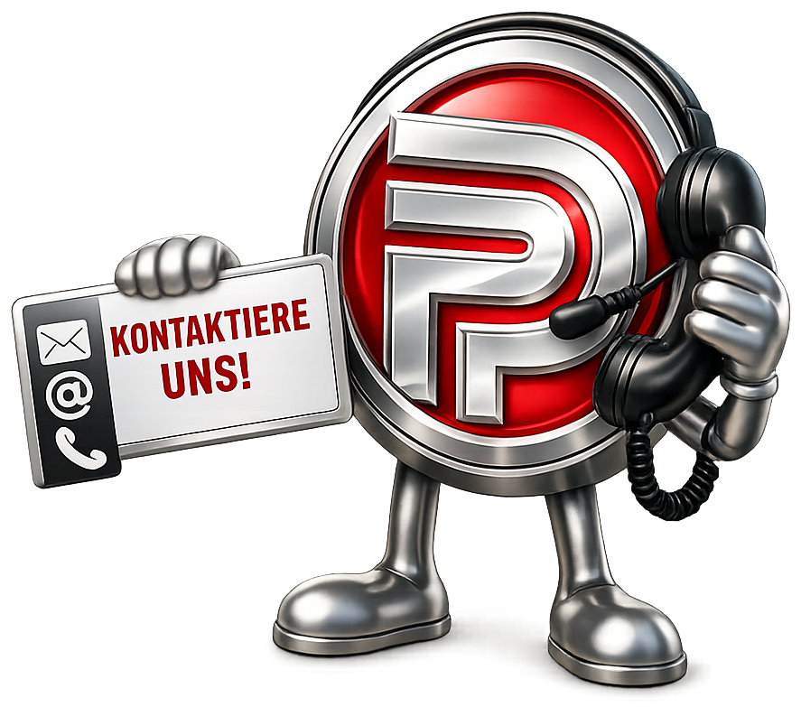 Pondruff-Maskottchen mit Telefon und Schild „Kontaktiere uns!“